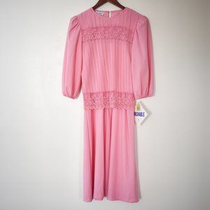 Vintage pink dress with scrunched torso, lace, and balloon sleeves NWT